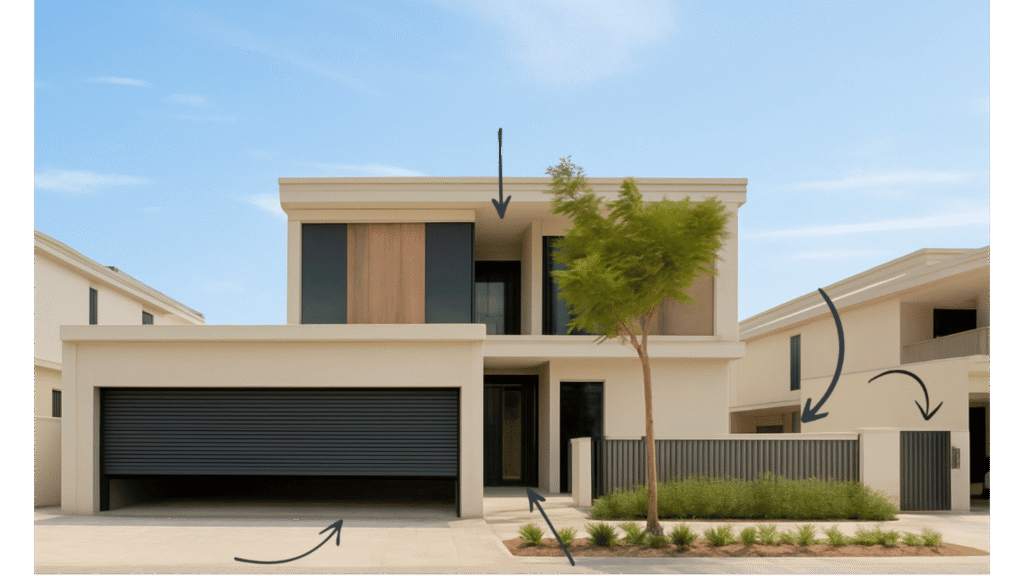 modernes Haus mit Zaun Tor, Tür, Fenster