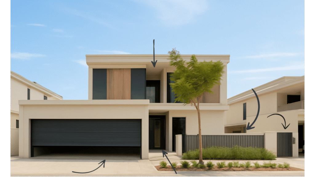 modernes Haus mit Garagentor, Eingangstür, Fenster, Zaun, Gartentür